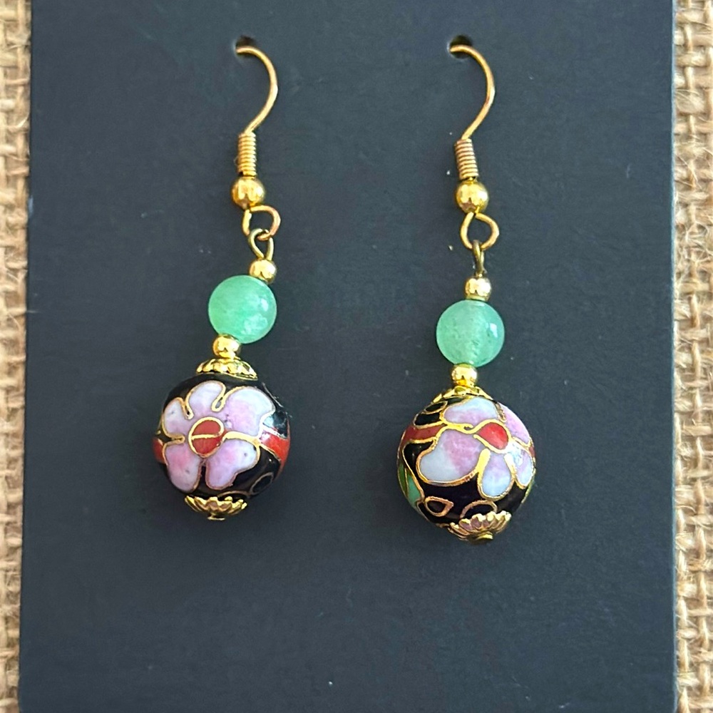 Vintage Cloisonne & Green Jade Beaded Earrings